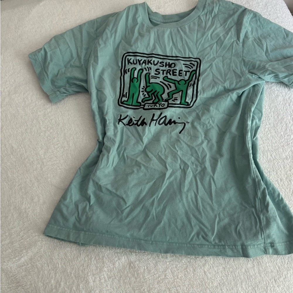 Uniqlo Mint Green blue teal women’s graphic T-Shirt Keith Harrign art design